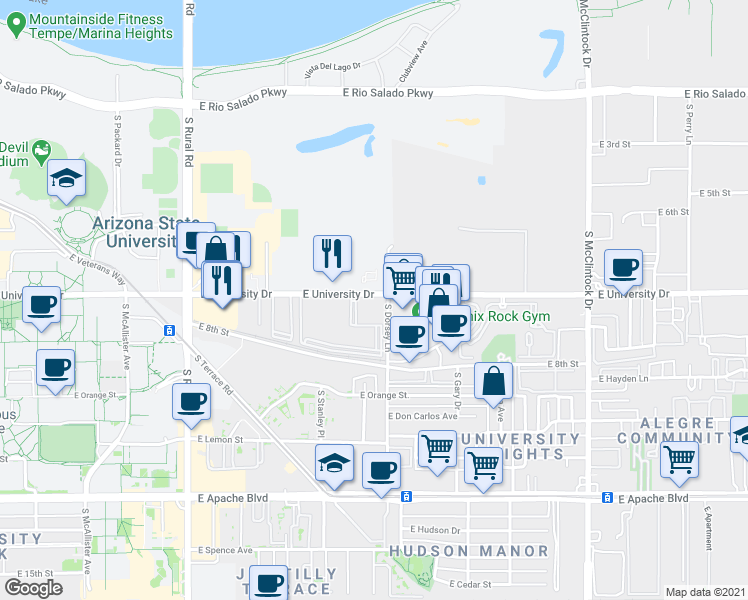 map of restaurants, bars, coffee shops, grocery stores, and more near 1275 East University Drive in Tempe