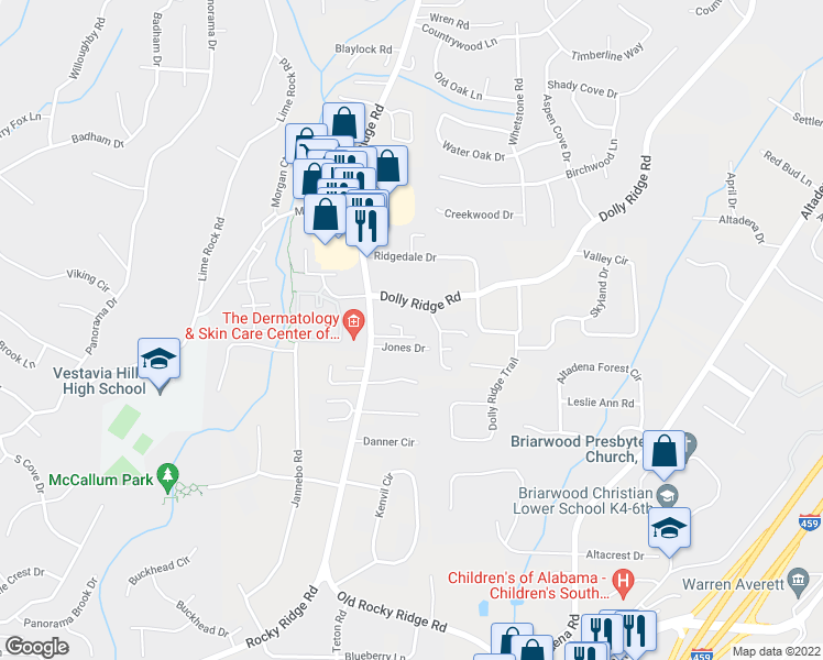 map of restaurants, bars, coffee shops, grocery stores, and more near 3333 Timber Ridge Drive in Vestavia Hills