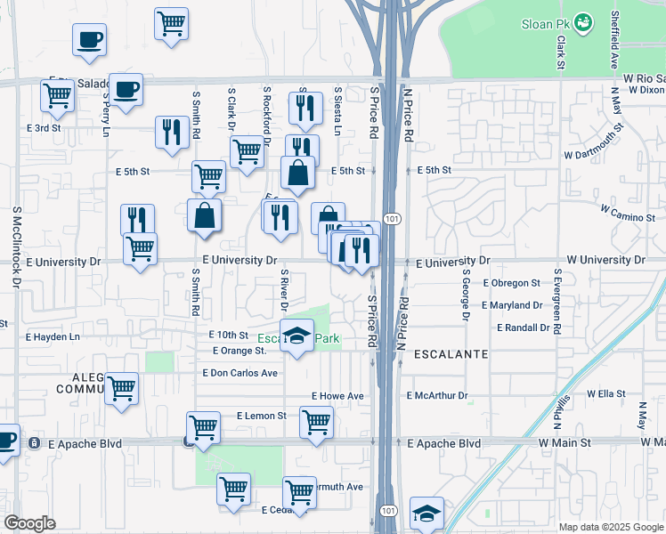 map of restaurants, bars, coffee shops, grocery stores, and more near 2145 E University Dr in Tempe