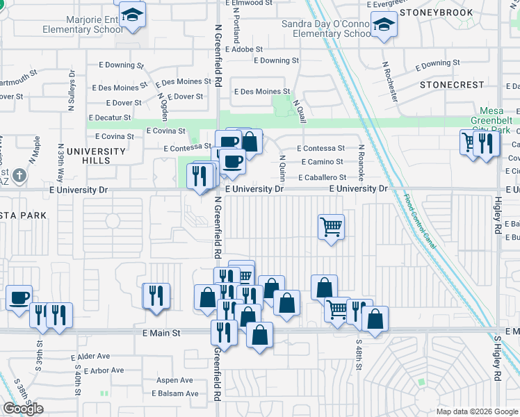 map of restaurants, bars, coffee shops, grocery stores, and more near North Mesa Regal Recreation Veh Park in Mesa