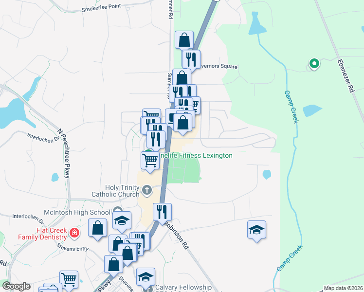 map of restaurants, bars, coffee shops, grocery stores, and more near 180 Peachtree East Shopping Center in Peachtree City