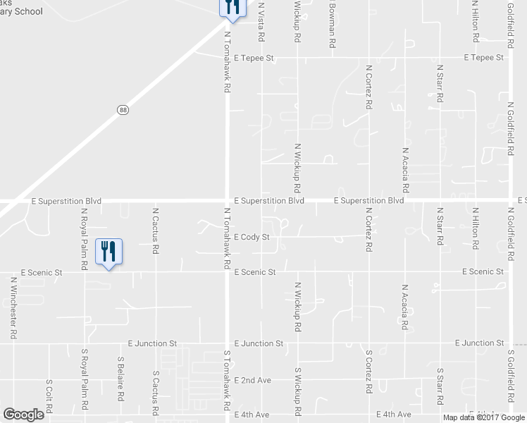 map of restaurants, bars, coffee shops, grocery stores, and more near 715 North Vista Road in Apache Junction