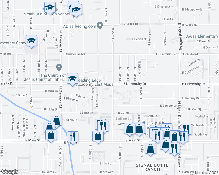 map of restaurants, bars, coffee shops, grocery stores, and more near 10334 East Baltimore Street in Mesa