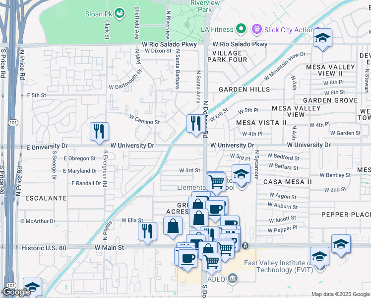 map of restaurants, bars, coffee shops, grocery stores, and more near 2033 West University Drive in Mesa