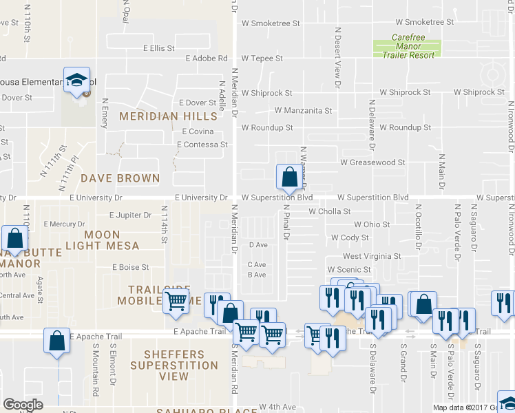 map of restaurants, bars, coffee shops, grocery stores, and more near 2555 West Superstition Boulevard in Apache Junction