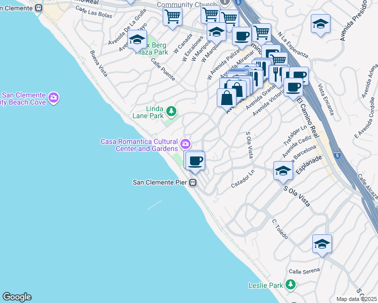 map of restaurants, bars, coffee shops, grocery stores, and more near 411 Avenida Granada in San Clemente