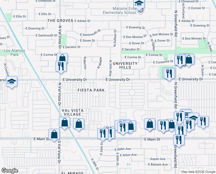 map of restaurants, bars, coffee shops, grocery stores, and more near 4065 East University Drive in Mesa