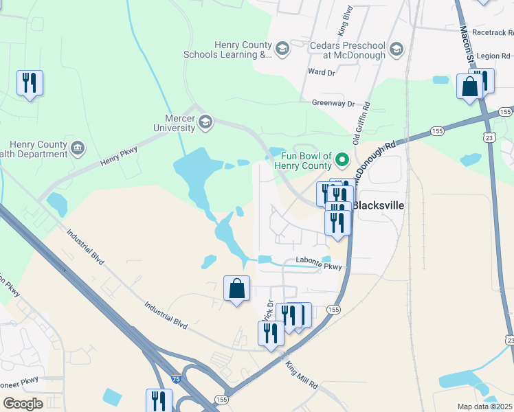map of restaurants, bars, coffee shops, grocery stores, and more near 238 Long Drive in McDonough