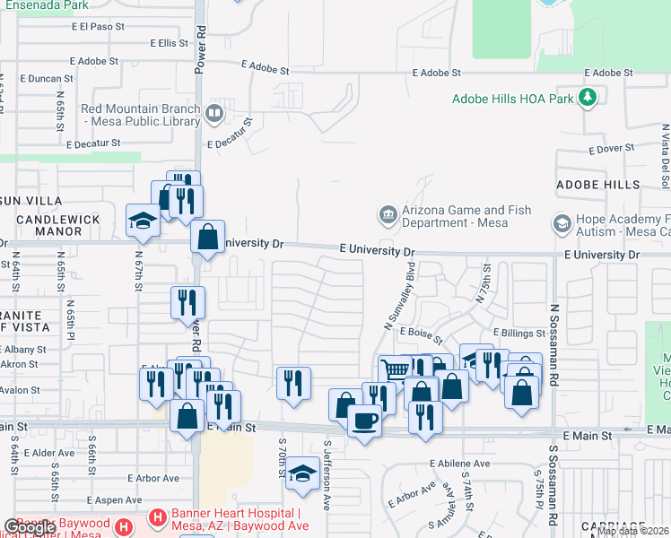 map of restaurants, bars, coffee shops, grocery stores, and more near E 9th Ave in Mesa