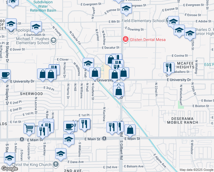 map of restaurants, bars, coffee shops, grocery stores, and more near 1844 East Brookdale Street in Mesa
