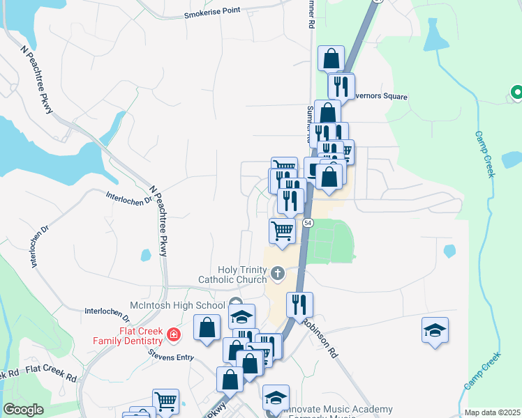 map of restaurants, bars, coffee shops, grocery stores, and more near 703 Lexington Village in Peachtree City