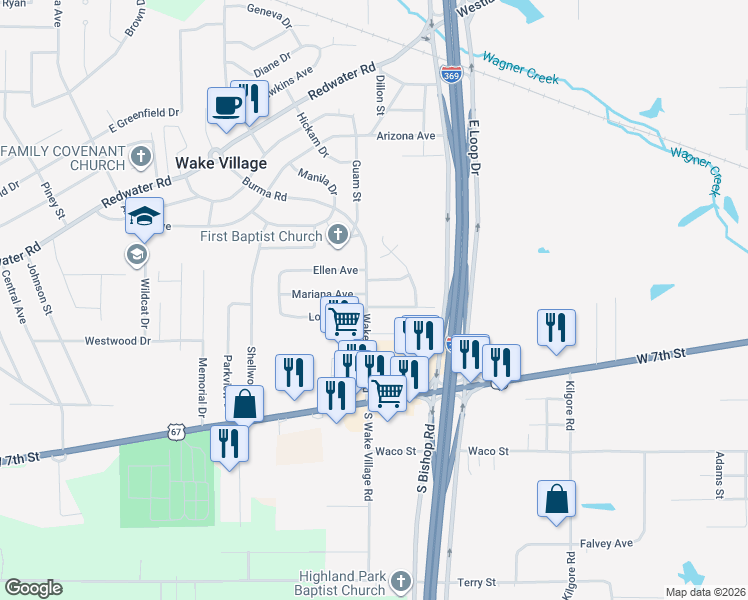 map of restaurants, bars, coffee shops, grocery stores, and more near 921 Mimosa Street in Wake Village