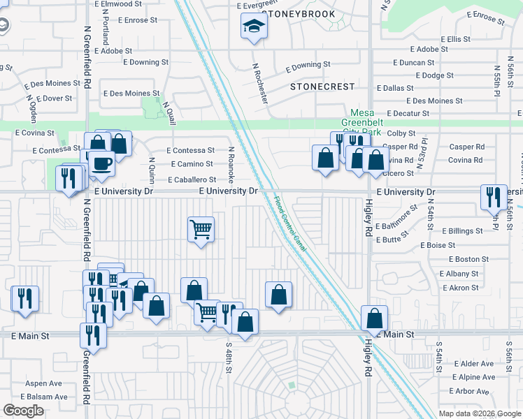 map of restaurants, bars, coffee shops, grocery stores, and more near Mobile Home Park in Mesa