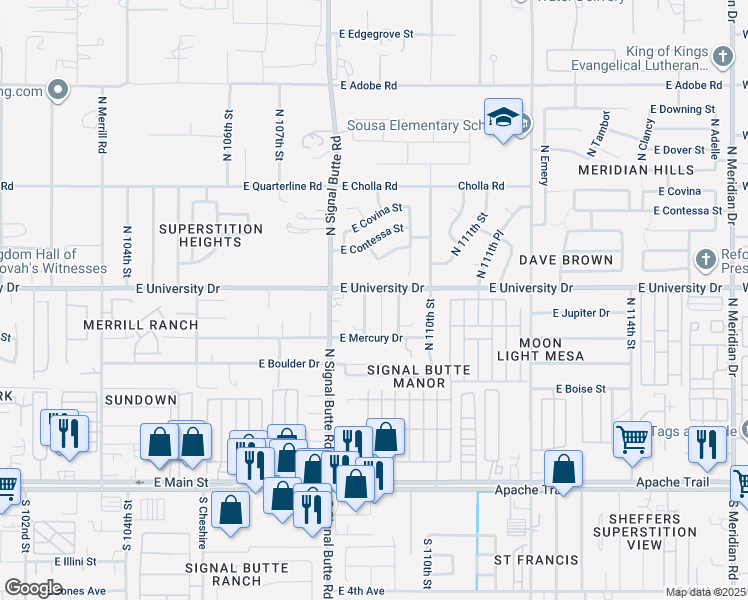 map of restaurants, bars, coffee shops, grocery stores, and more near 332 North Dewey Street in Apache Junction