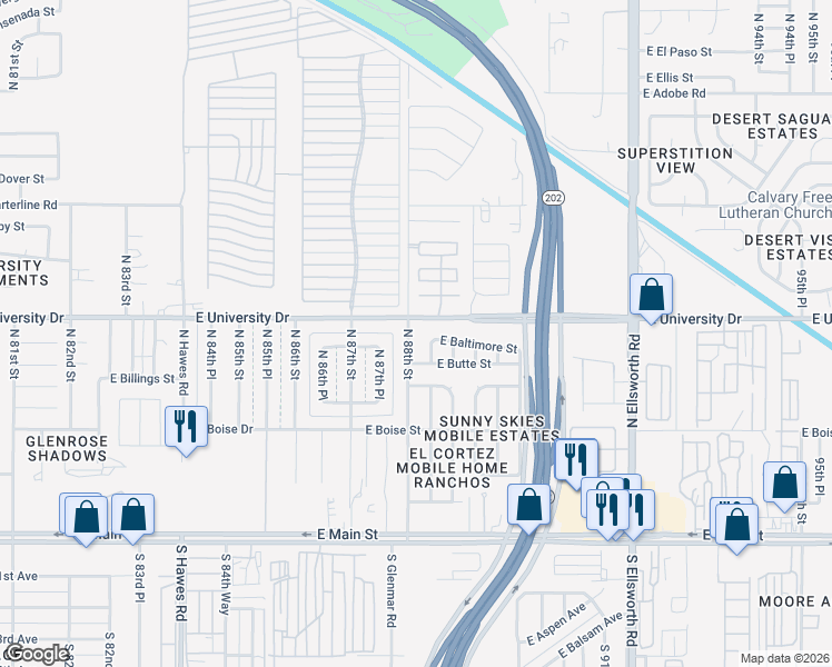 map of restaurants, bars, coffee shops, grocery stores, and more near 332 North 88th Place in Mesa