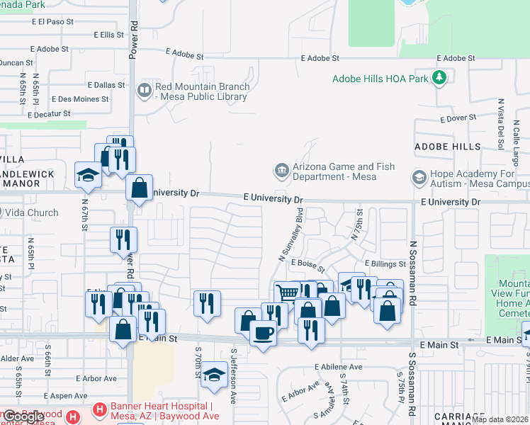 map of restaurants, bars, coffee shops, grocery stores, and more near 215 North Power Road in Mesa