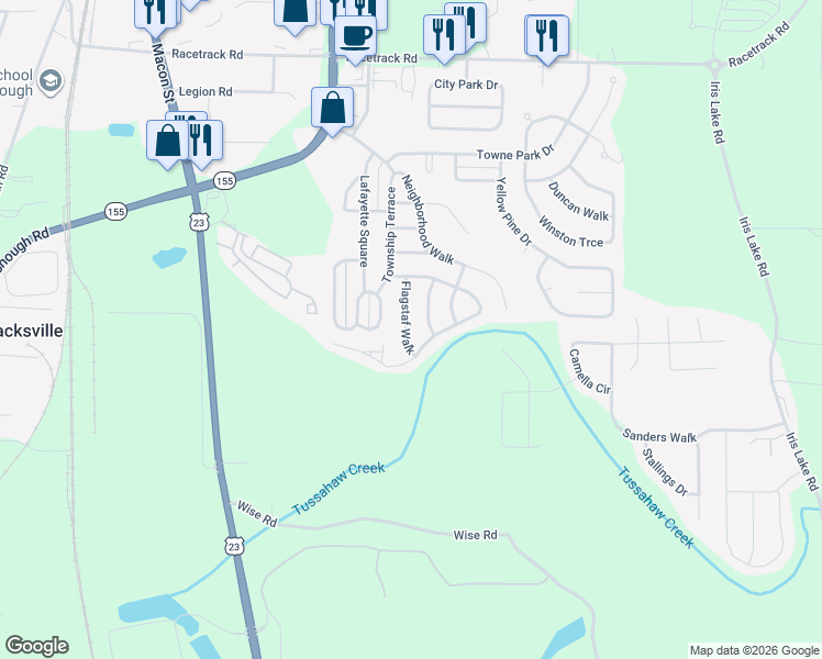map of restaurants, bars, coffee shops, grocery stores, and more near 6140 Flagstaf Walk in McDonough