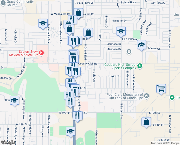 map of restaurants, bars, coffee shops, grocery stores, and more near 2403 North Grand Avenue in Roswell