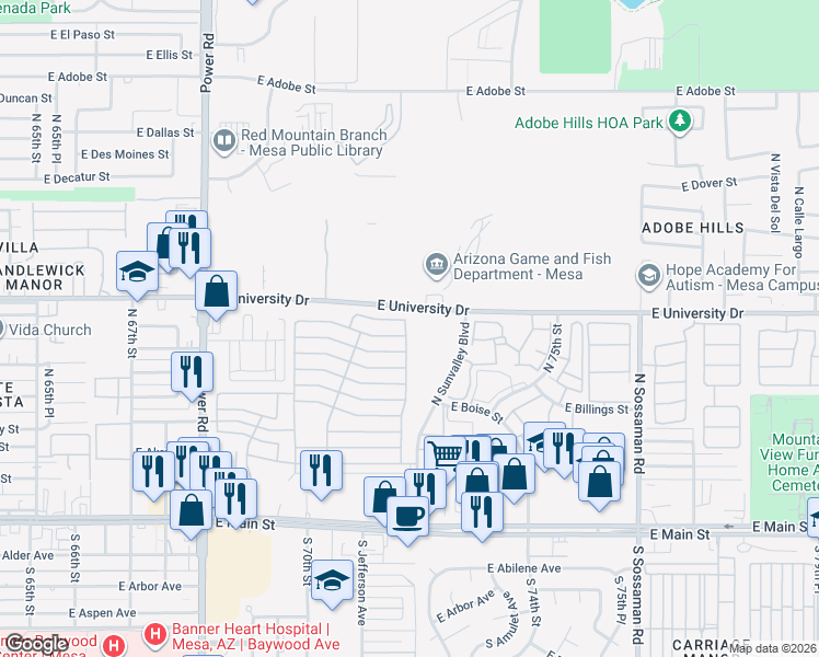 map of restaurants, bars, coffee shops, grocery stores, and more near 215 North Power Road in Mesa