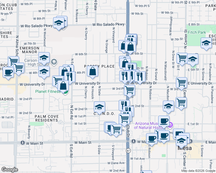 map of restaurants, bars, coffee shops, grocery stores, and more near 523 West 3rd Place in Mesa