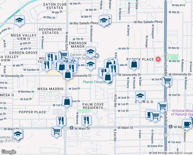 map of restaurants, bars, coffee shops, grocery stores, and more near 333 North Westwood in Mesa