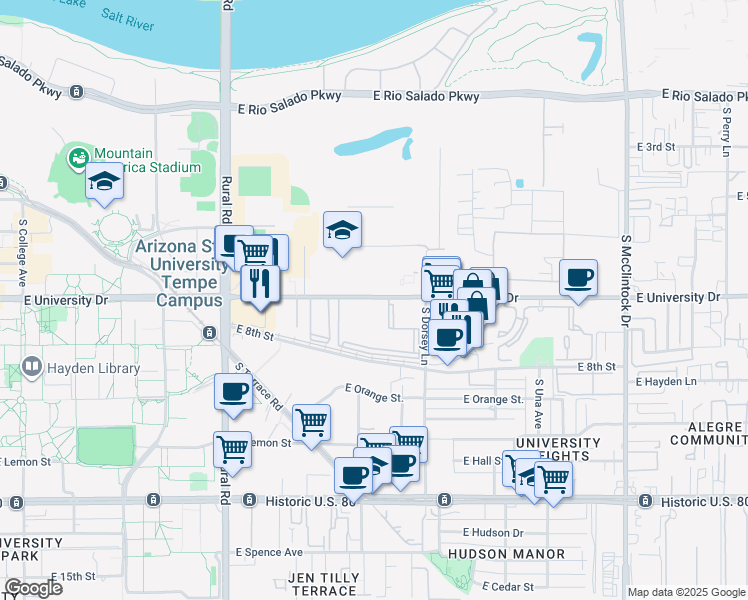 map of restaurants, bars, coffee shops, grocery stores, and more near 1265 East University Drive in Tempe