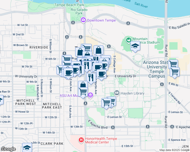 map of restaurants, bars, coffee shops, grocery stores, and more near 7 East University Drive in Tempe