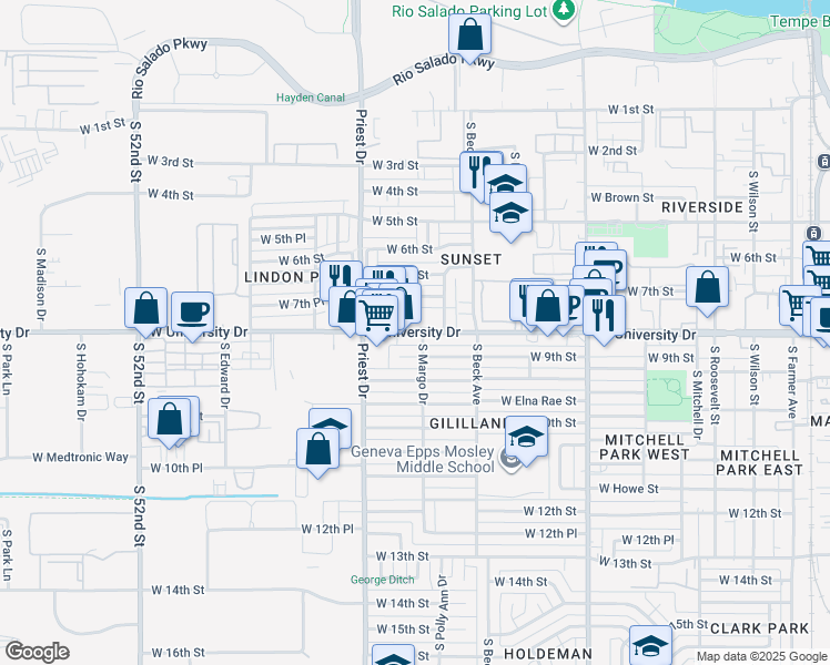 map of restaurants, bars, coffee shops, grocery stores, and more near 1241 West University Drive in Tempe