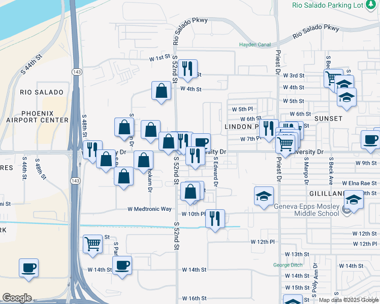 map of restaurants, bars, coffee shops, grocery stores, and more near in Tempe