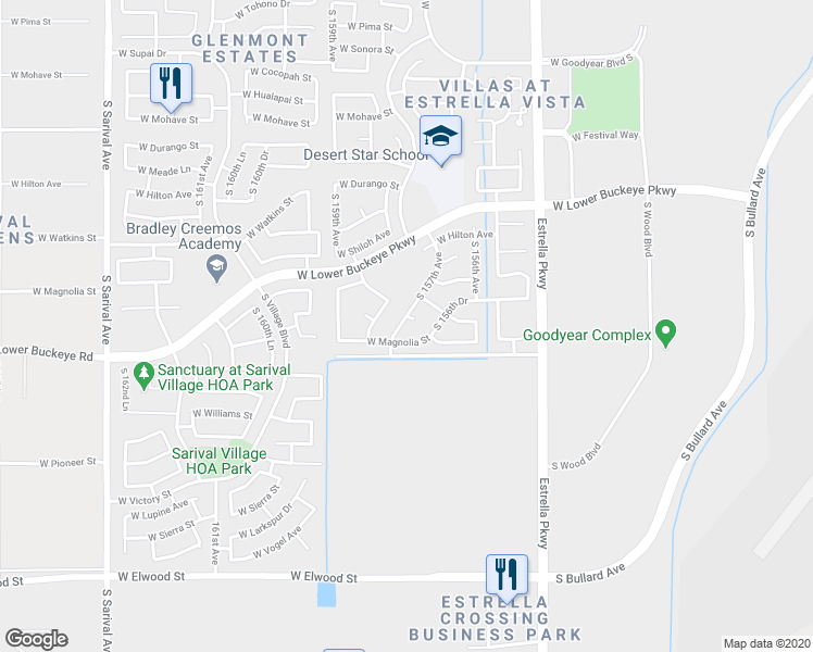 map of restaurants, bars, coffee shops, grocery stores, and more near 15683 West Ripple Circle in Goodyear
