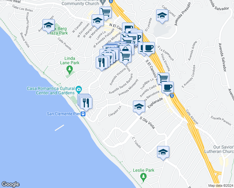 map of restaurants, bars, coffee shops, grocery stores, and more near 307 Avenida Monterey in San Clemente