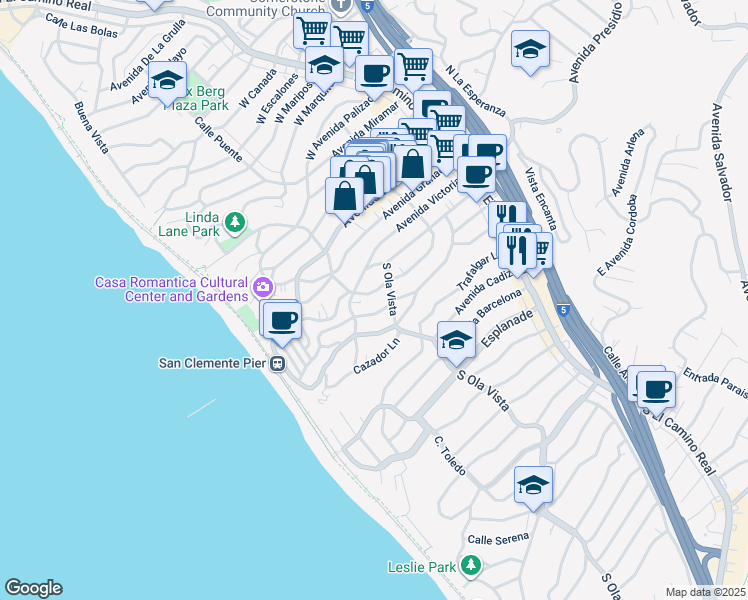 map of restaurants, bars, coffee shops, grocery stores, and more near 307 Avenida Monterey in San Clemente