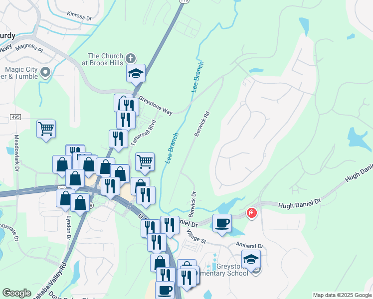 map of restaurants, bars, coffee shops, grocery stores, and more near 1190 Berwick Road in Birmingham