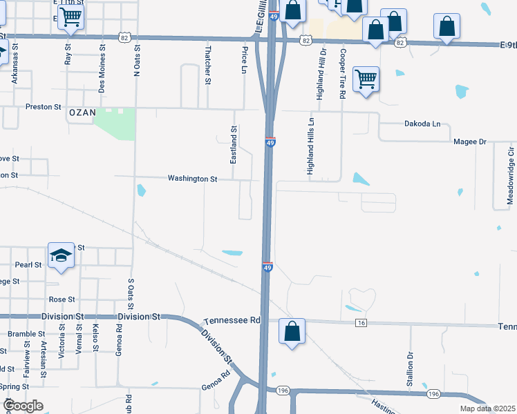 map of restaurants, bars, coffee shops, grocery stores, and more near 3302 Washington Street in Texarkana