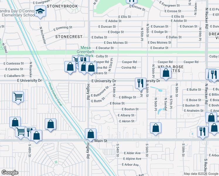 map of restaurants, bars, coffee shops, grocery stores, and more near 302 North 54th Street in Mesa