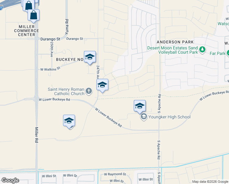 map of restaurants, bars, coffee shops, grocery stores, and more near 2401-2799 South 247th Avenue in Buckeye