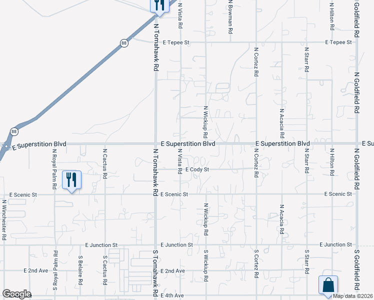 map of restaurants, bars, coffee shops, grocery stores, and more near 715 North Vista Road in Apache Junction