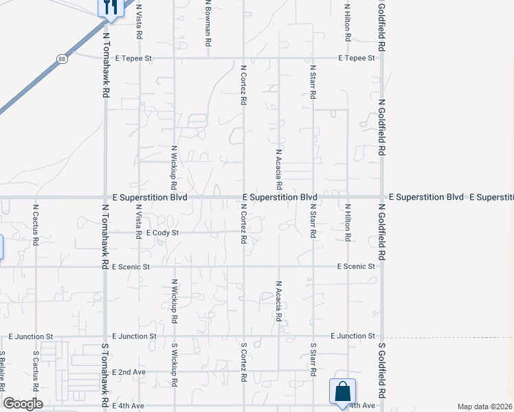 map of restaurants, bars, coffee shops, grocery stores, and more near 661 North Solana Road in Apache Junction
