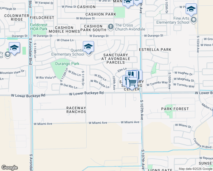 map of restaurants, bars, coffee shops, grocery stores, and more near 10962 West Rio Vista Lane in Avondale