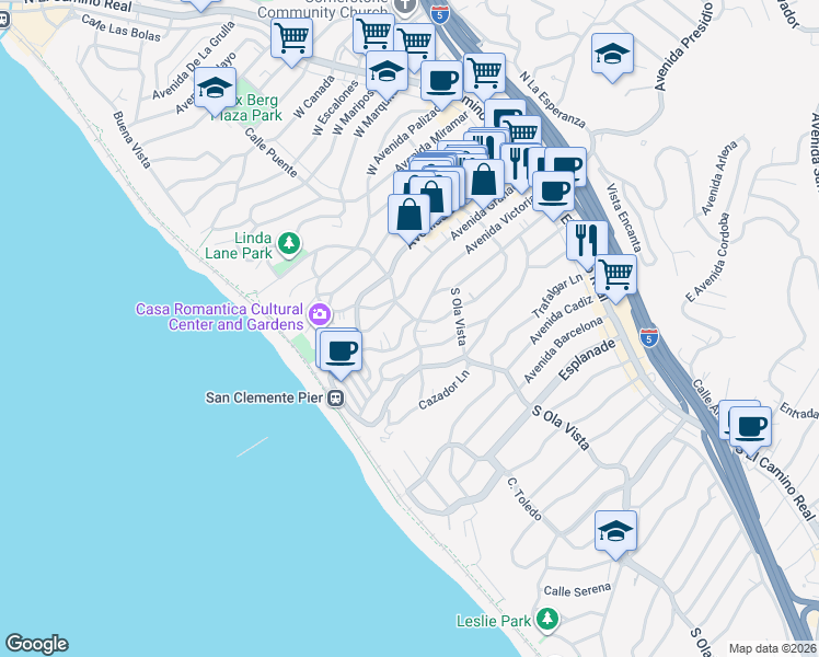 map of restaurants, bars, coffee shops, grocery stores, and more near 307 Avenida Victoria in San Clemente