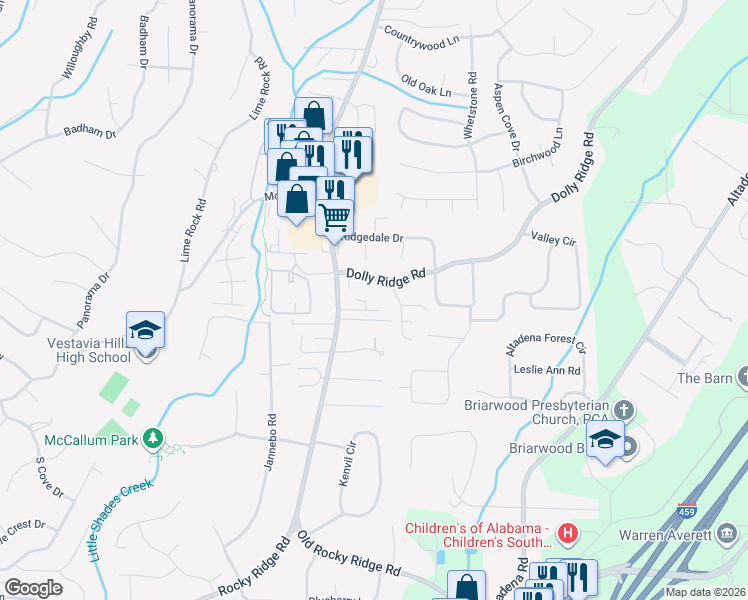 map of restaurants, bars, coffee shops, grocery stores, and more near 2305 Timber Ridge Circle in Vestavia Hills