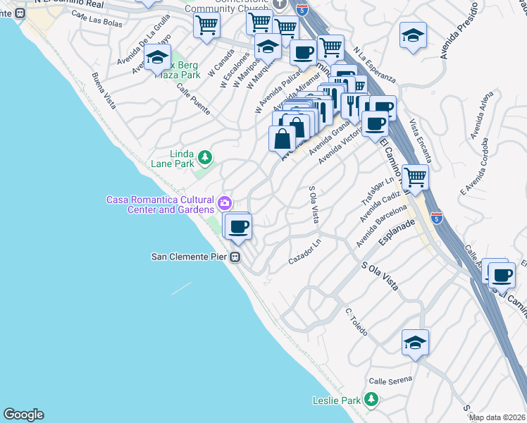 map of restaurants, bars, coffee shops, grocery stores, and more near in San Clemente