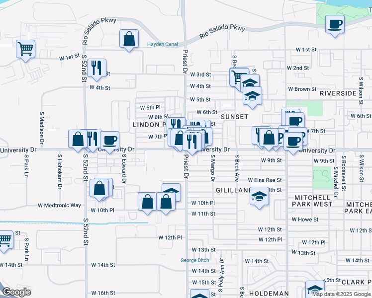 map of restaurants, bars, coffee shops, grocery stores, and more near S Priest Dr & W University Dr in Tempe