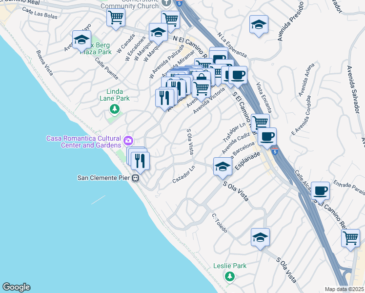 map of restaurants, bars, coffee shops, grocery stores, and more near 315 Avenida Santa Barbara in San Clemente
