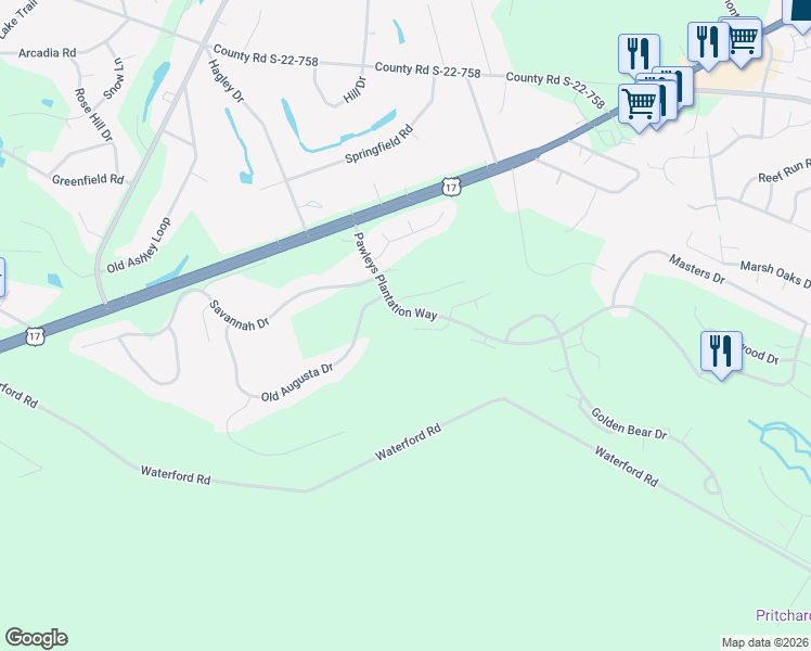 map of restaurants, bars, coffee shops, grocery stores, and more near 109 Redwing Court in Pawleys Island