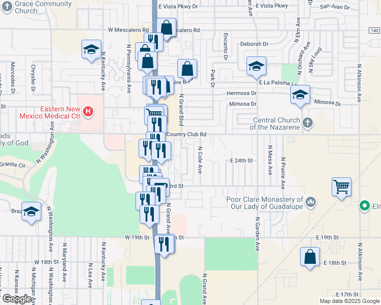 map of restaurants, bars, coffee shops, grocery stores, and more near 2407 North Grand Avenue in Roswell
