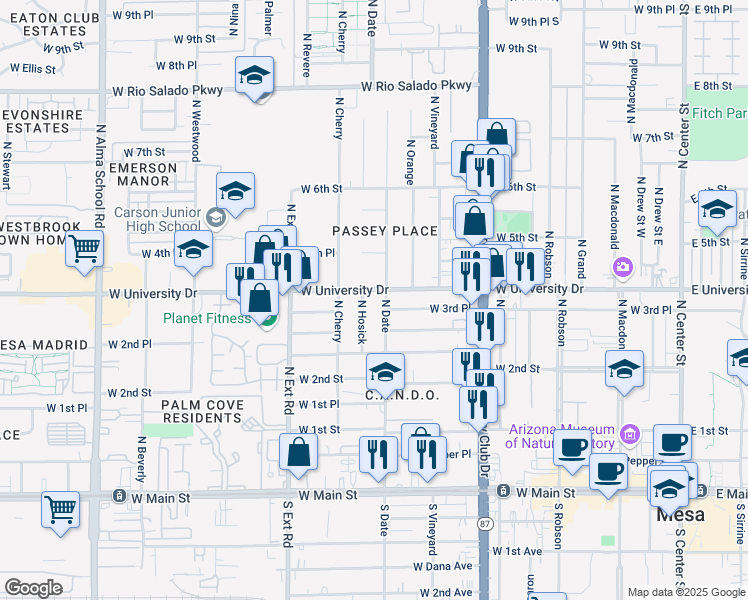 map of restaurants, bars, coffee shops, grocery stores, and more near 344 North Date in Mesa