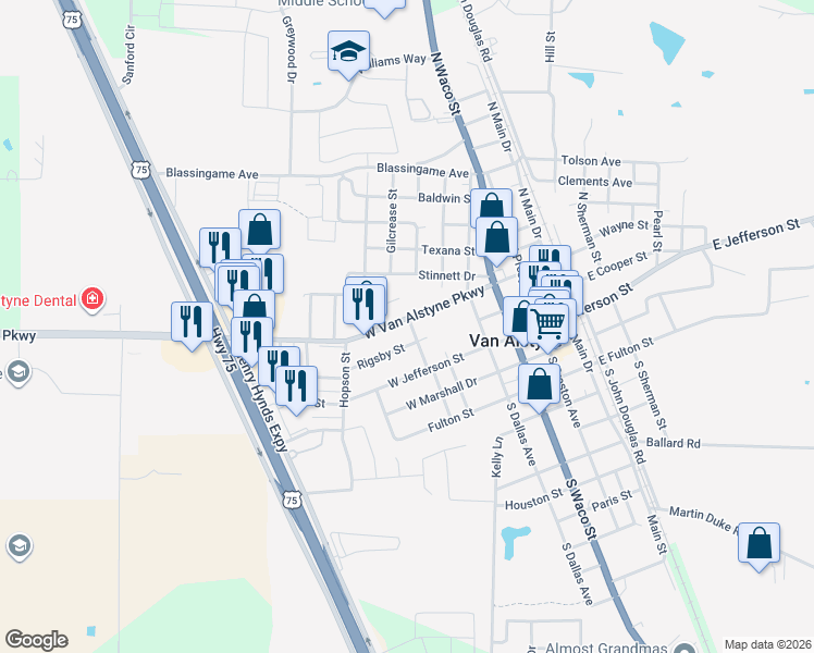 map of restaurants, bars, coffee shops, grocery stores, and more near 440 Rigsby Street in Van Alstyne