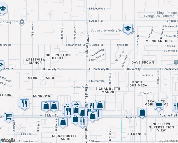 map of restaurants, bars, coffee shops, grocery stores, and more near 336 North Keith Street in Apache Junction