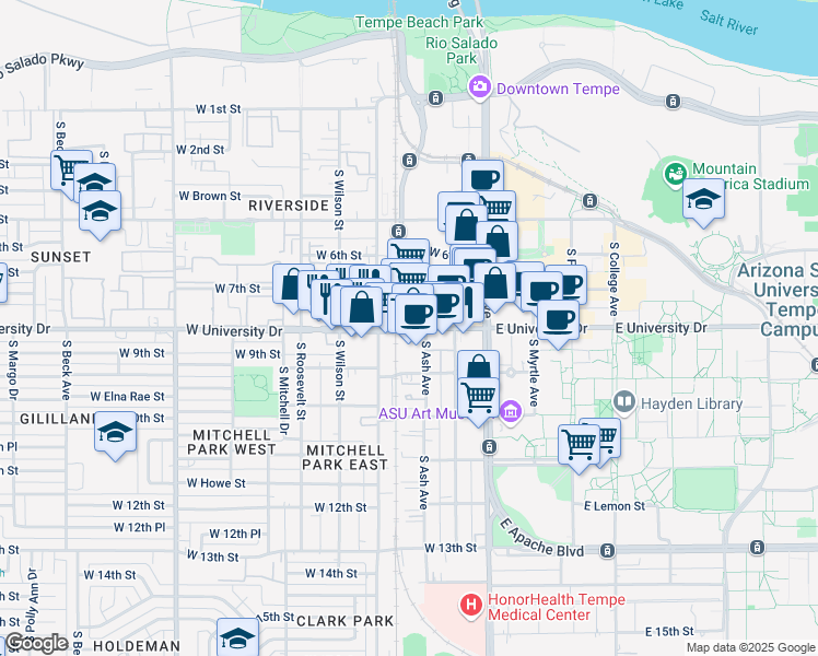 map of restaurants, bars, coffee shops, grocery stores, and more near 232 West University Drive in Tempe